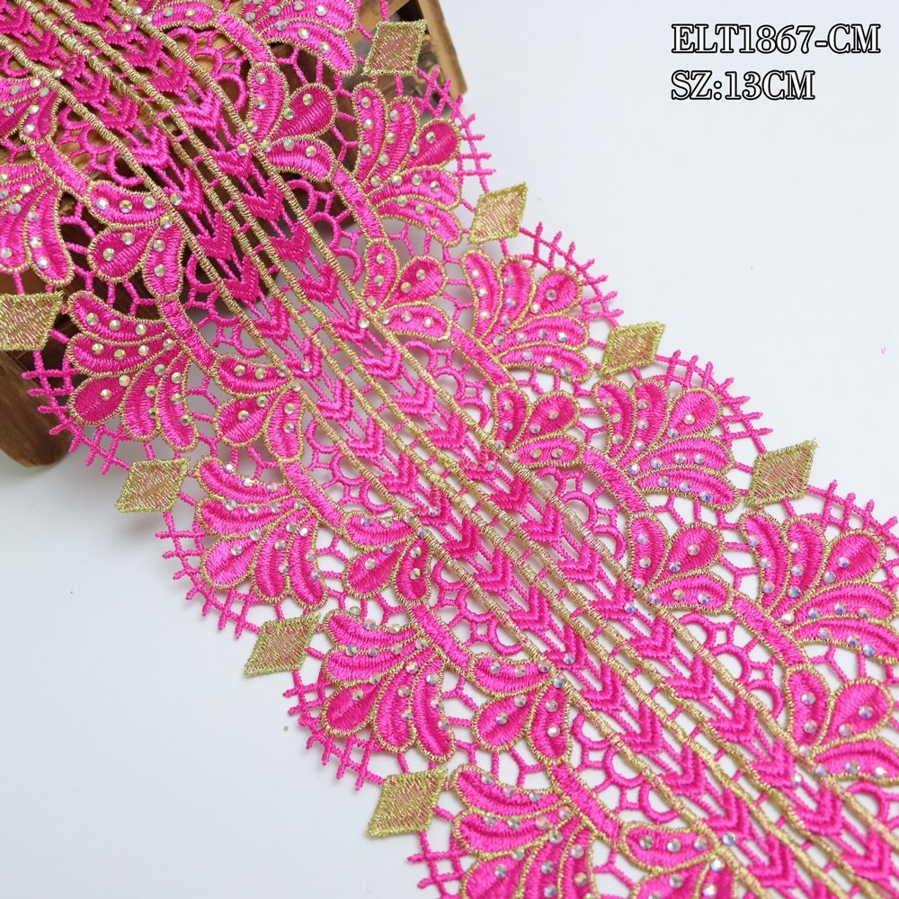 OEM Embroidered lace trim hollow gold thread Lace embroidery polyester rhinestone lace trim for DIY decoration