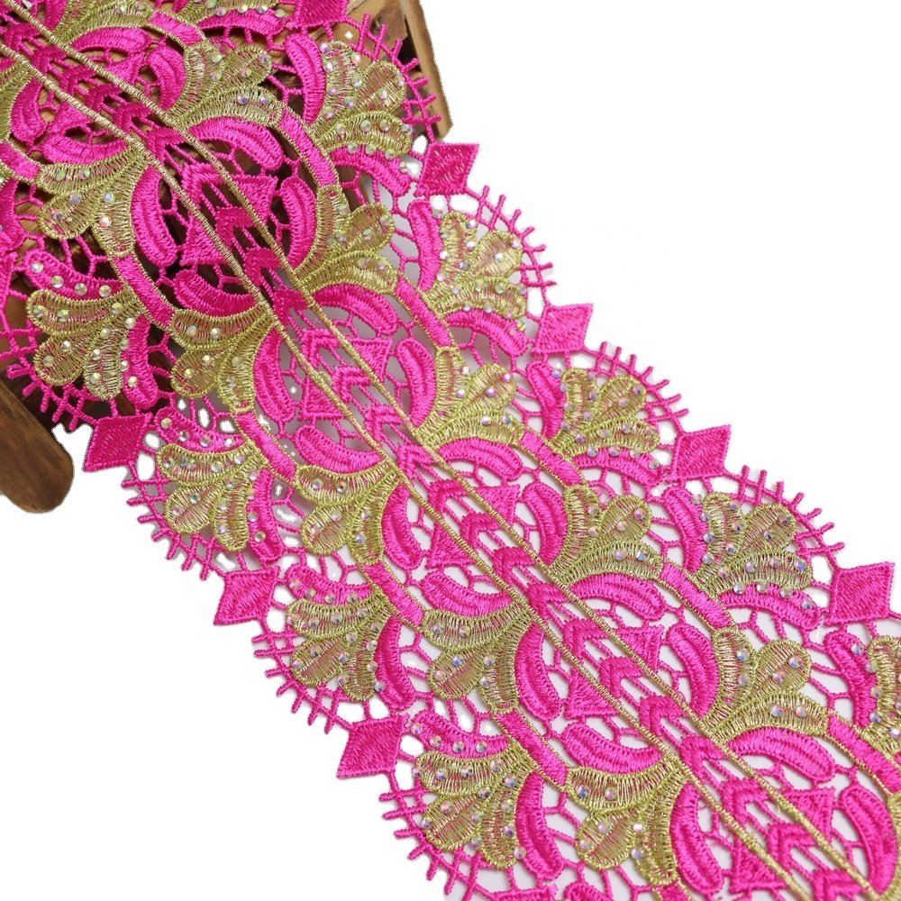 OEM Embroidered lace trim hollow gold thread Lace embroidery polyester rhinestone lace trim for DIY decoration