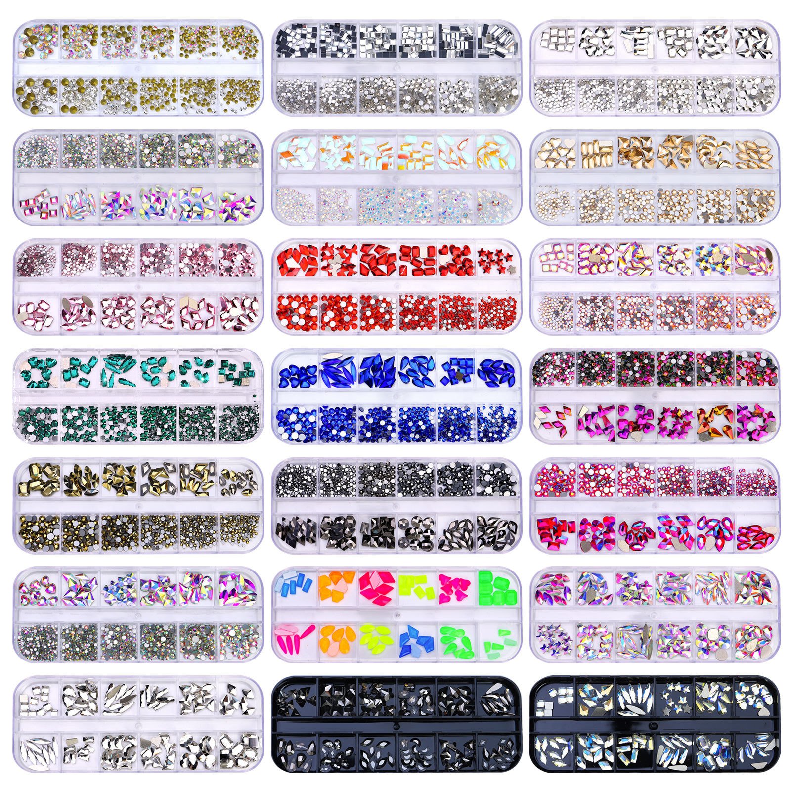 MIUKIULA 12 Grid Nail Stone Crystal Ab Kit Multi Shape Glass Diamonds Nails Art Rhinestone Decoration