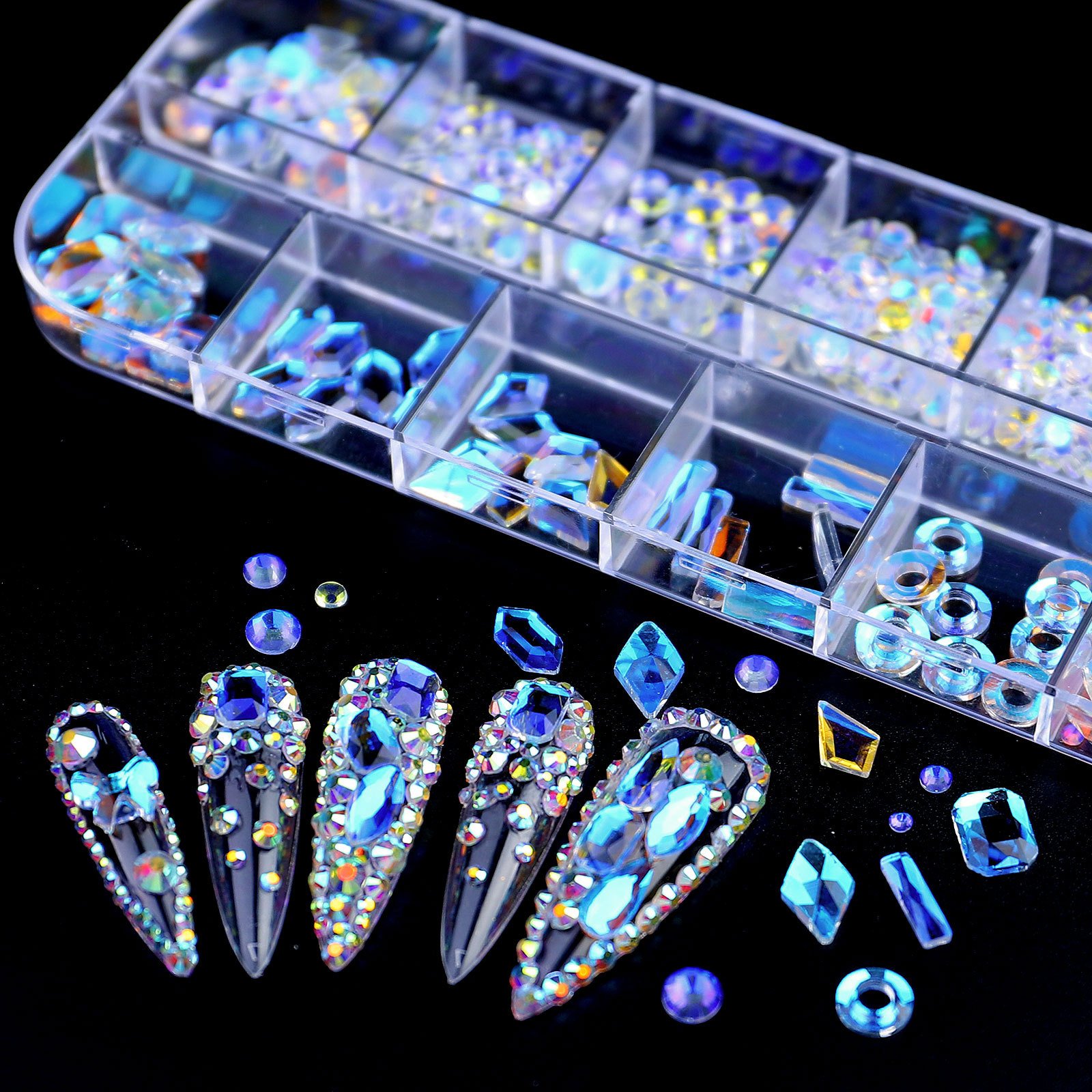 MIUKIULA 12 Grid Nail Stone Crystal Ab Kit Multi Shape Glass Diamonds Nails Art Rhinestone Decoration