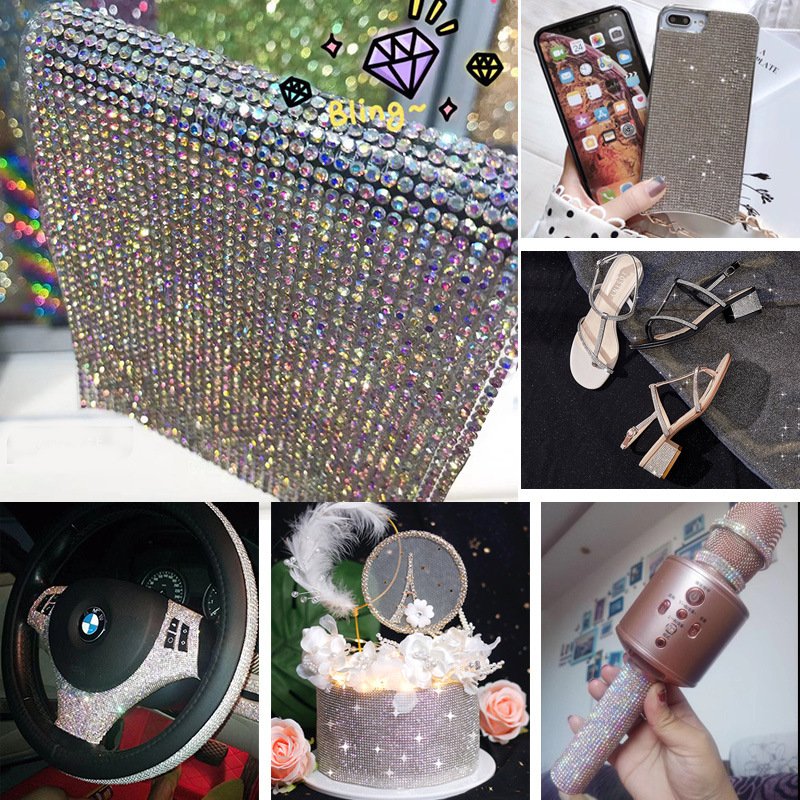 Wholesale SS6 glass 24*20cm self-adhesive crystal rhinestone sheet roll heat transfer sheets hot-fix for garment