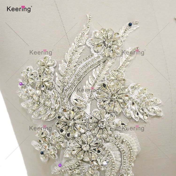 new arrivals crystal applique Shoulder subsidy sew on floral lace rhinestone stone appliques embroidered patches WDP-296