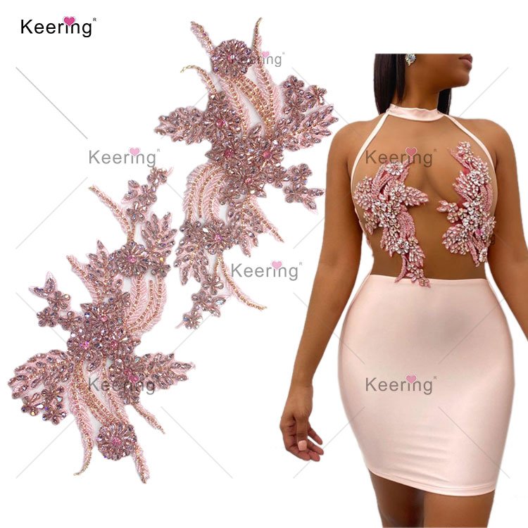 new arrivals crystal applique Shoulder subsidy sew on floral lace rhinestone stone appliques embroidered patches WDP-296