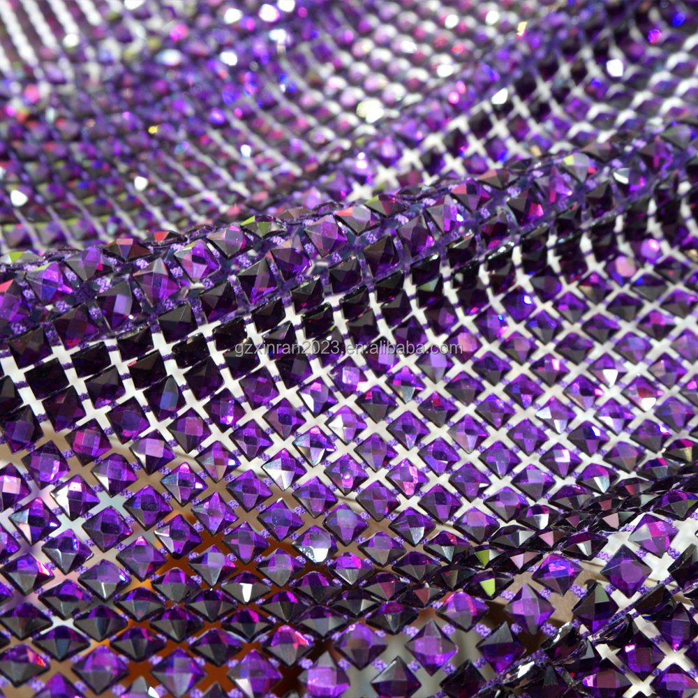 SH008 Haute Couture Crystal Rhinestone Mesh Glittering purple Square Diamonds Rhinestone Net Fabric