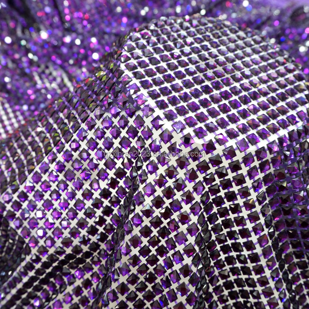 SH008 Haute Couture Crystal Rhinestone Mesh Glittering purple Square Diamonds Rhinestone Net Fabric