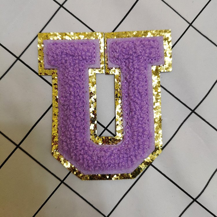 Custom High glitter patches felt Embroidery Chenille Letter Patches Letter applique chenile patch for Dress or handbag or hat
