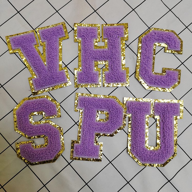 Custom High glitter patches felt Embroidery Chenille Letter Patches Letter applique chenile patch for Dress or handbag or hat