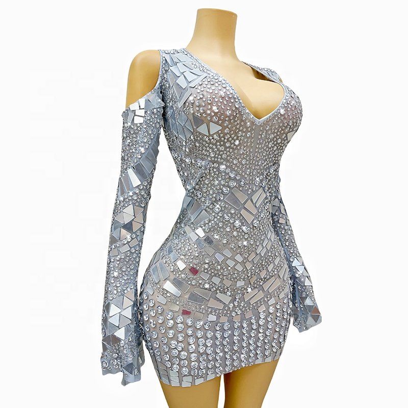 customized short mini silver mirrors women clothing formal white rhinestone dress crystal dress