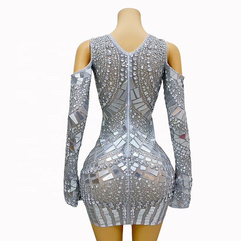 customized short mini silver mirrors women clothing formal white rhinestone dress crystal dress