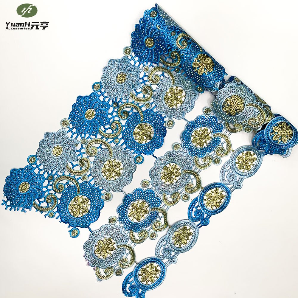 Hot sale embroidery rhinestone guipure lace trim 3 set Polyester Chemical Trimming for African Dresses