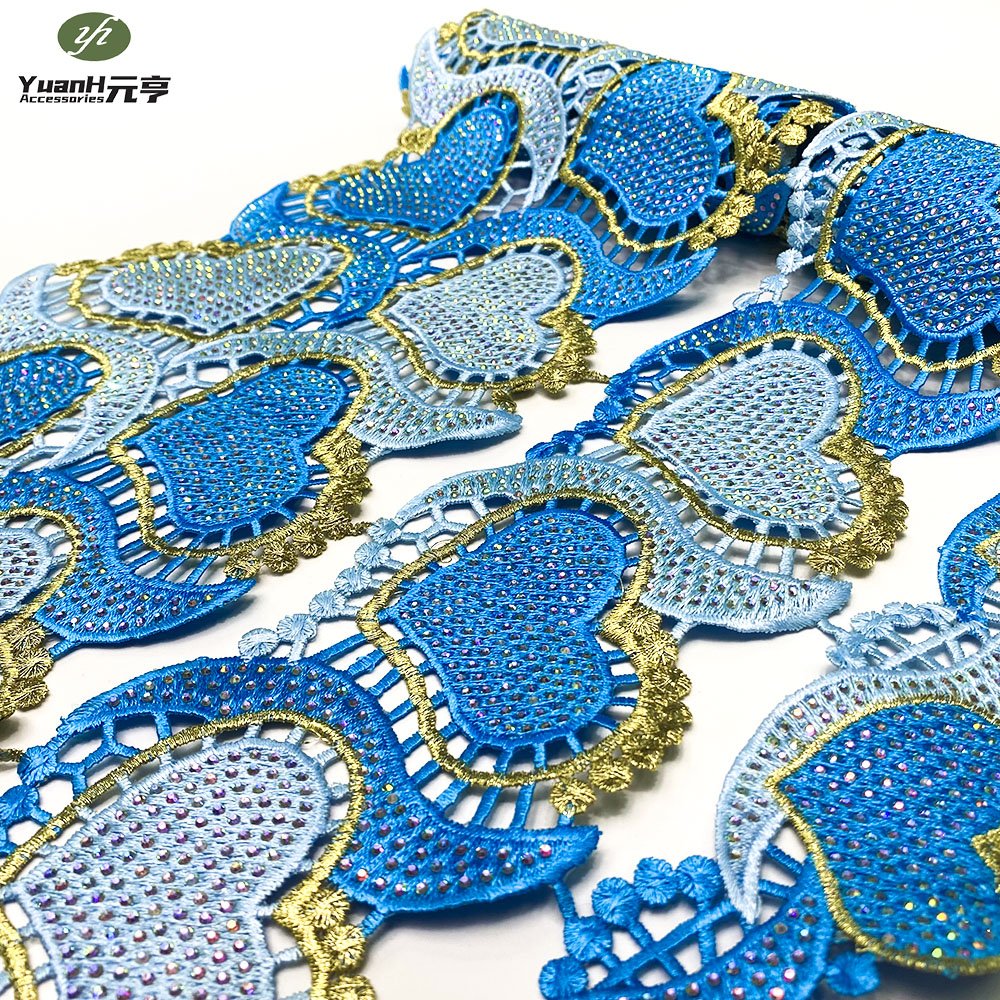 Hot sale embroidery rhinestone guipure lace trim 3 set Polyester Chemical Trimming for African Dresses