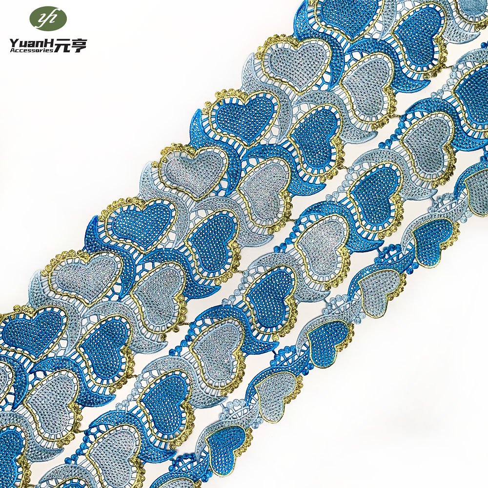 Hot sale embroidery rhinestone guipure lace trim 3 set Polyester Chemical Trimming for African Dresses