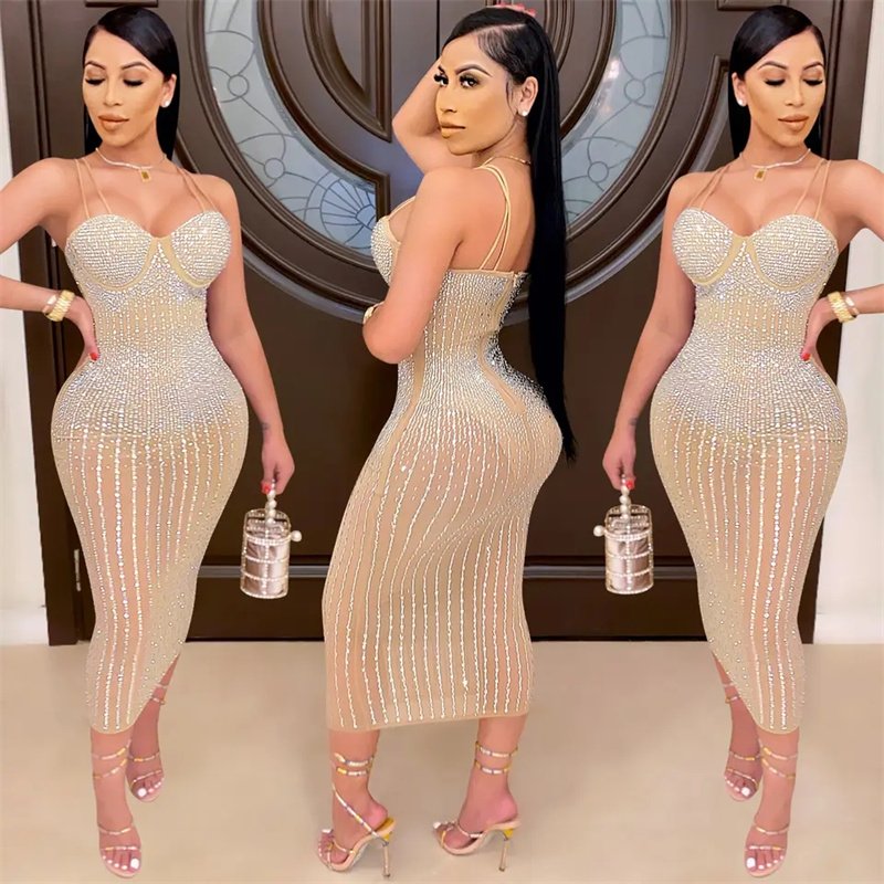 Fashion Women's Party Nightclub Mesh Perspective Hot Diamonds and Diamonds Sling rhinestone Dress for women