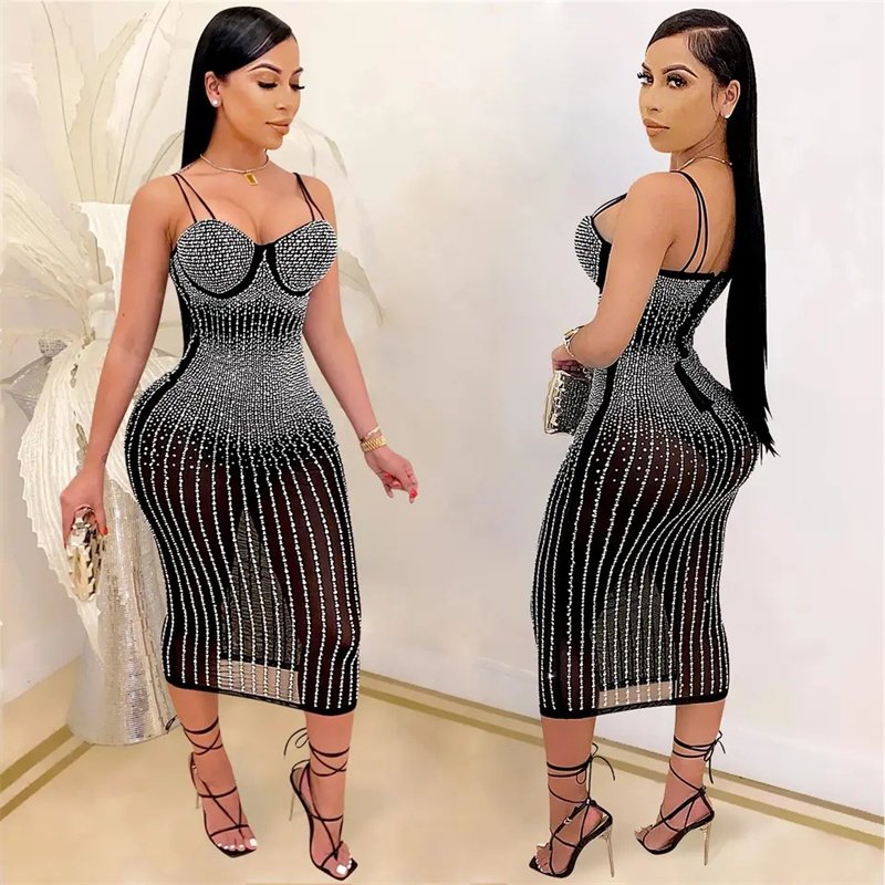 Fashion Women's Party Nightclub Mesh Perspective Hot Diamonds and Diamonds Sling rhinestone Dress for women