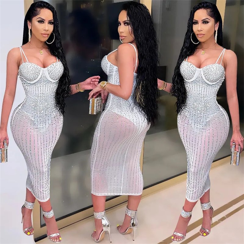 Fashion Women's Party Nightclub Mesh Perspective Hot Diamonds and Diamonds Sling rhinestone Dress for women