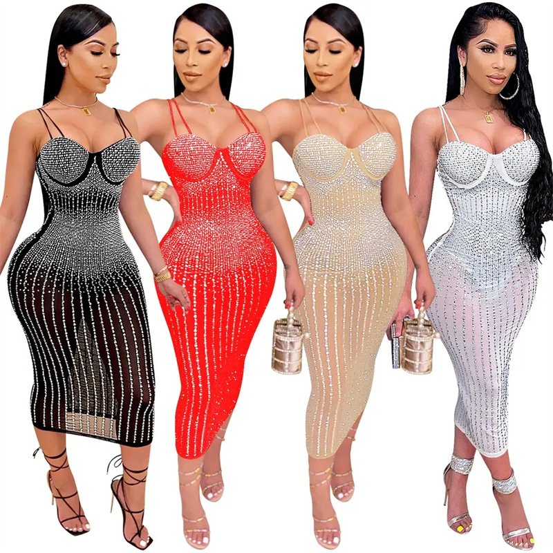 Fashion Women's Party Nightclub Mesh Perspective Hot Diamonds and Diamonds Sling rhinestone Dress for women