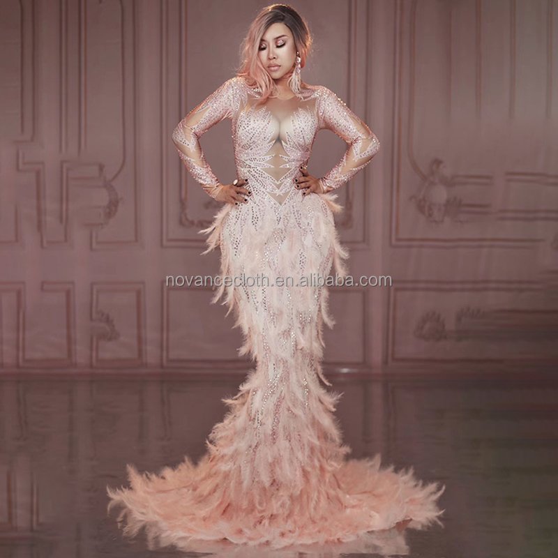 Novance Y1559 Most Popular Products Elegant Mermaid Wedding Evening Dresses Shiny Rhinestone Maxi Stretchy Pink Feather Dress