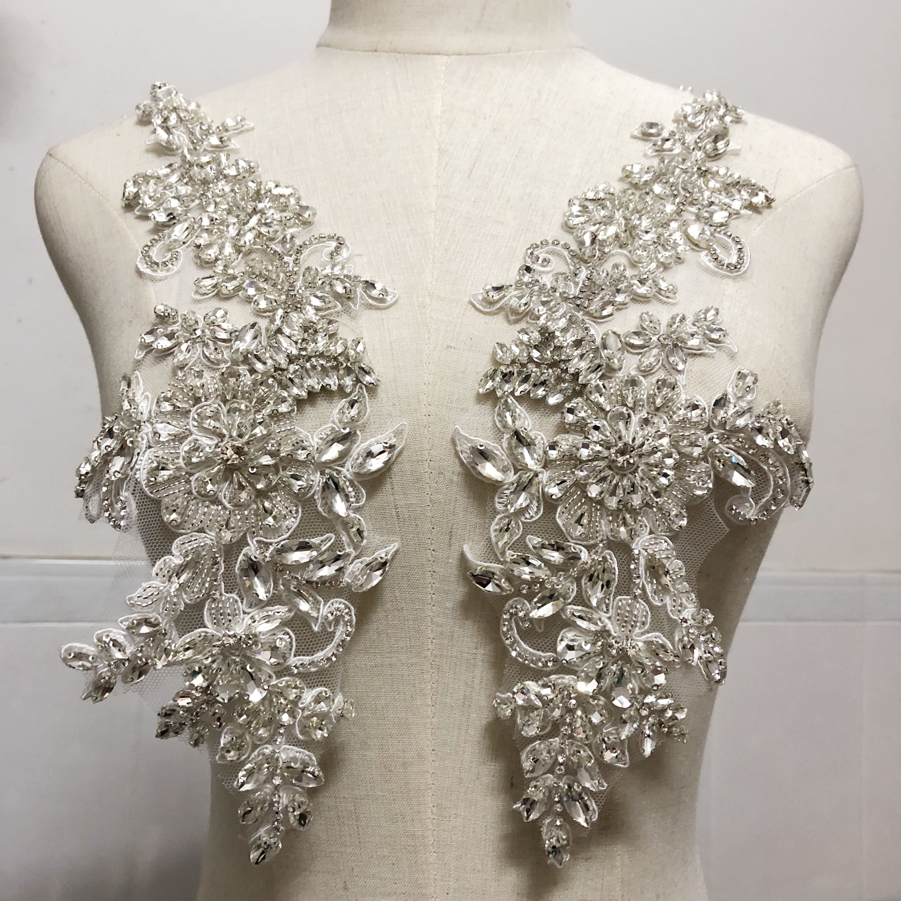 Handmade bridal embroidery diamond rhinestone crystal applique pair LT3437