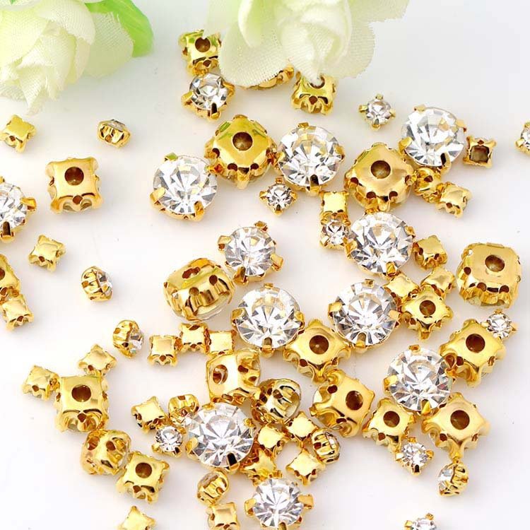 Crystal Sew on Strass Metal Claw Sew on Stone , 3-10mm Gold Silver Claw Setting Glass Rhinestones for Clothing