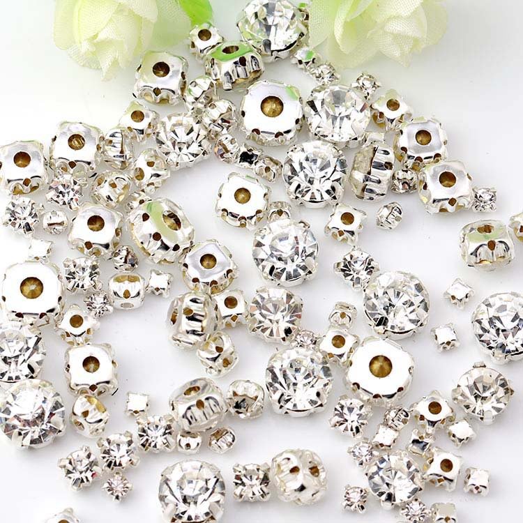 Crystal Sew on Strass Metal Claw Sew on Stone , 3-10mm Gold Silver Claw Setting Glass Rhinestones for Clothing