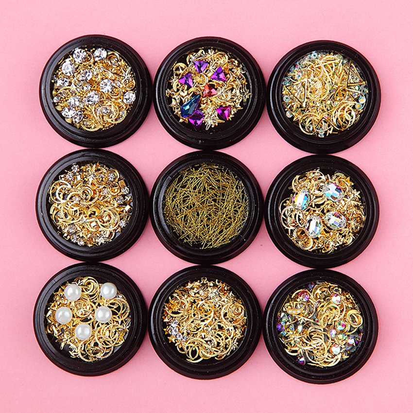 Hot Sale Wholesale Factory Price 3d Glitter Rhinestone Nail Art Golden Moon Star Line Jewelry Mix Shape Set Sticker Decoration