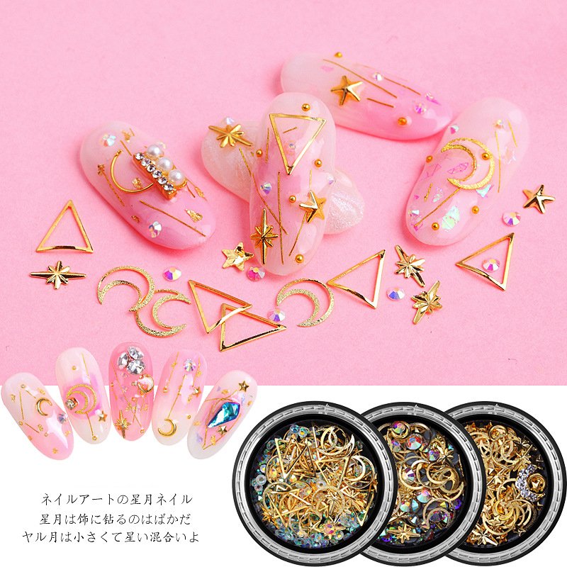 Hot Sale Wholesale Factory Price 3d Glitter Rhinestone Nail Art Golden Moon Star Line Jewelry Mix Shape Set Sticker Decoration