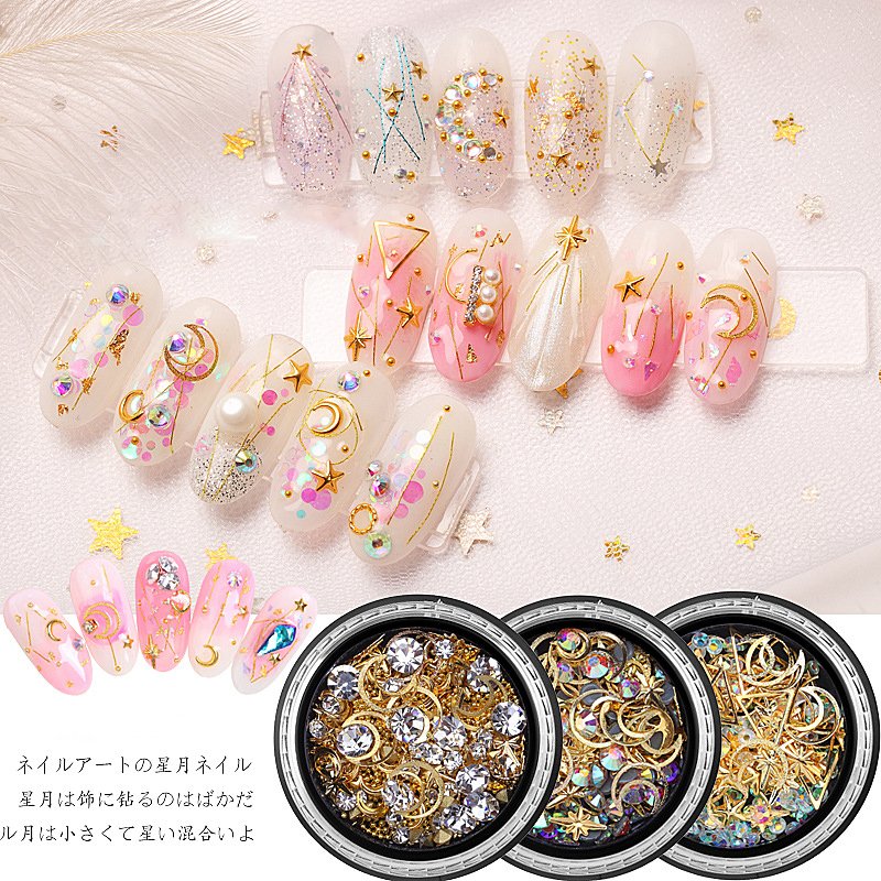Hot Sale Wholesale Factory Price 3d Glitter Rhinestone Nail Art Golden Moon Star Line Jewelry Mix Shape Set Sticker Decoration
