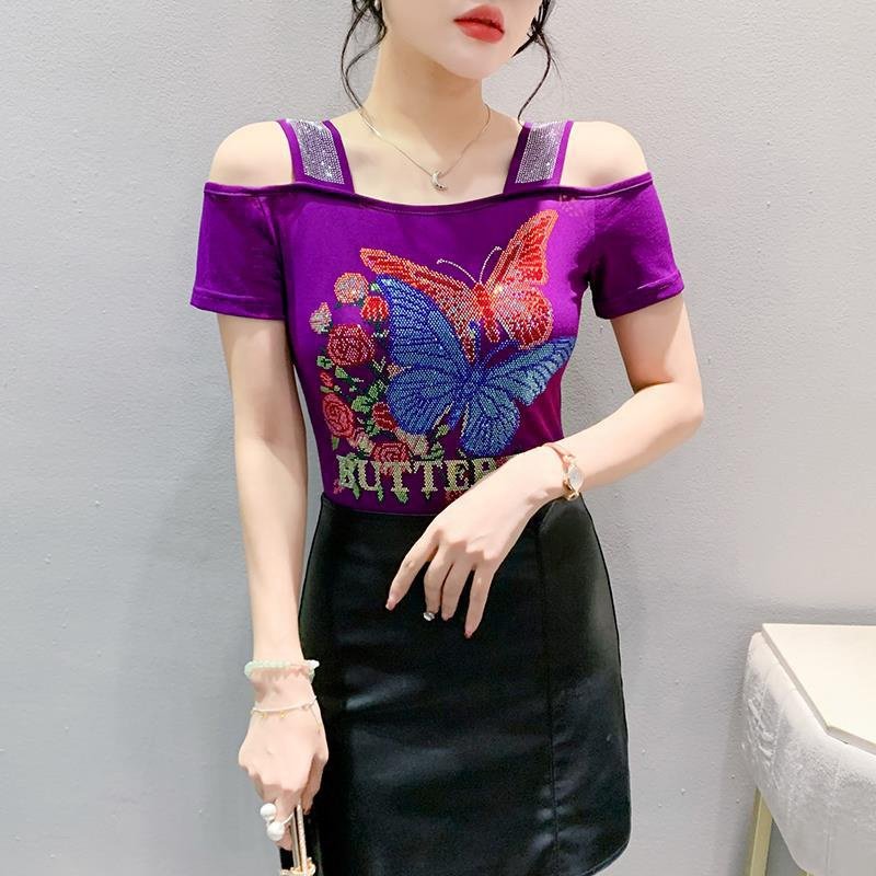 New trends Women butterfly Floral Print Rhinestone Shiny Sequined Clothes Tee Tops Nightclub Short Sleeve Shirts Party T-shirt