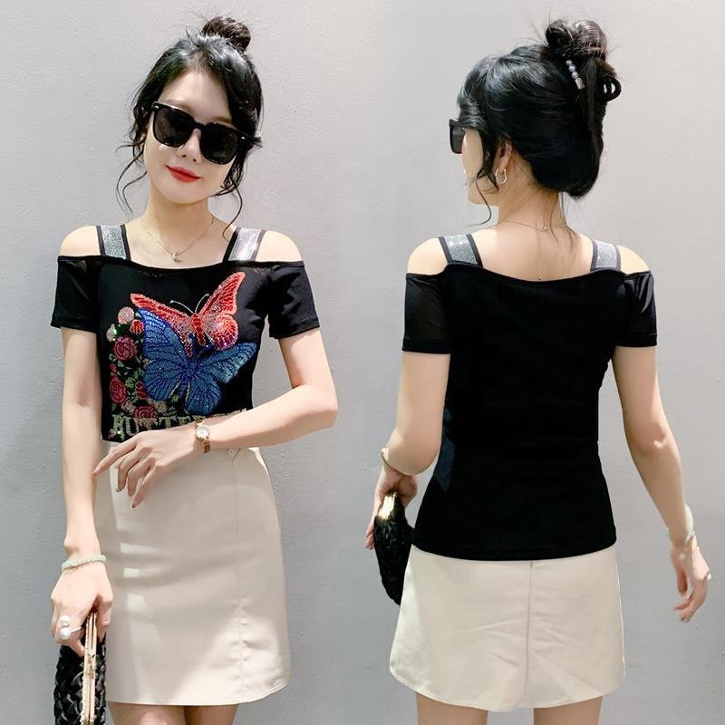 New trends Women butterfly Floral Print Rhinestone Shiny Sequined Clothes Tee Tops Nightclub Short Sleeve Shirts Party T-shirt