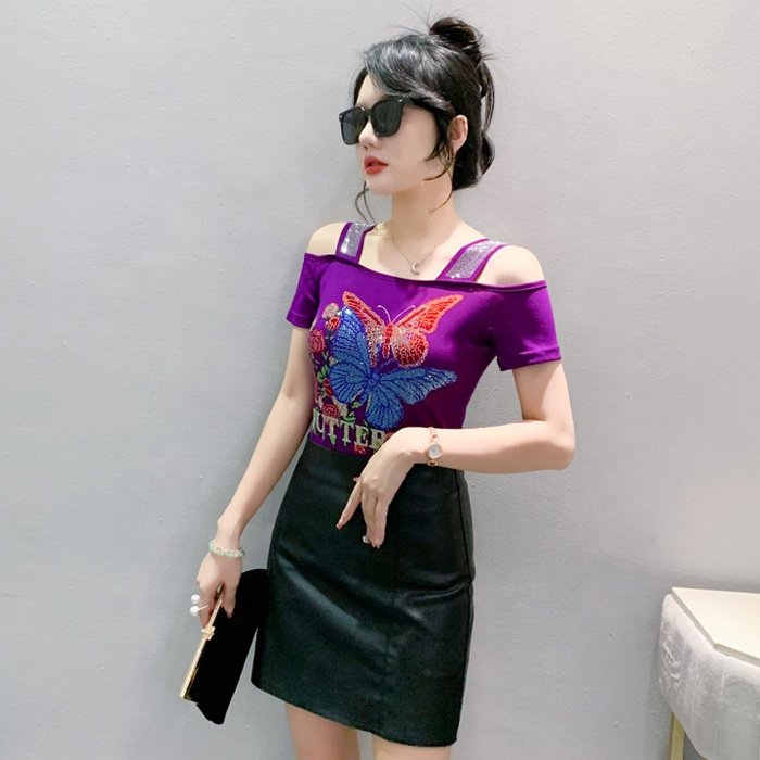 New trends Women butterfly Floral Print Rhinestone Shiny Sequined Clothes Tee Tops Nightclub Short Sleeve Shirts Party T-shirt