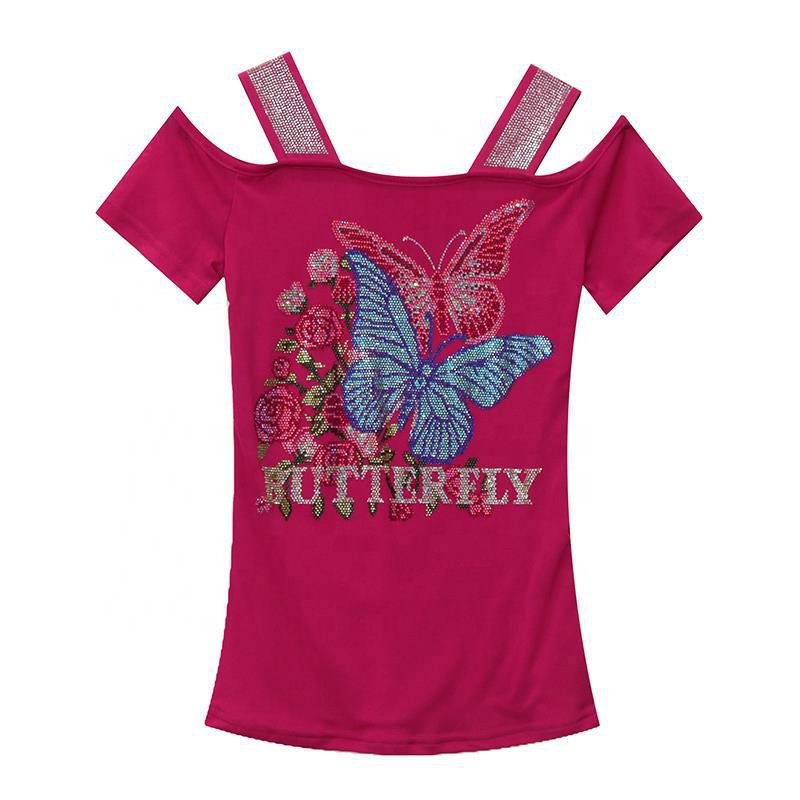 New trends Women butterfly Floral Print Rhinestone Shiny Sequined Clothes Tee Tops Nightclub Short Sleeve Shirts Party T-shirt