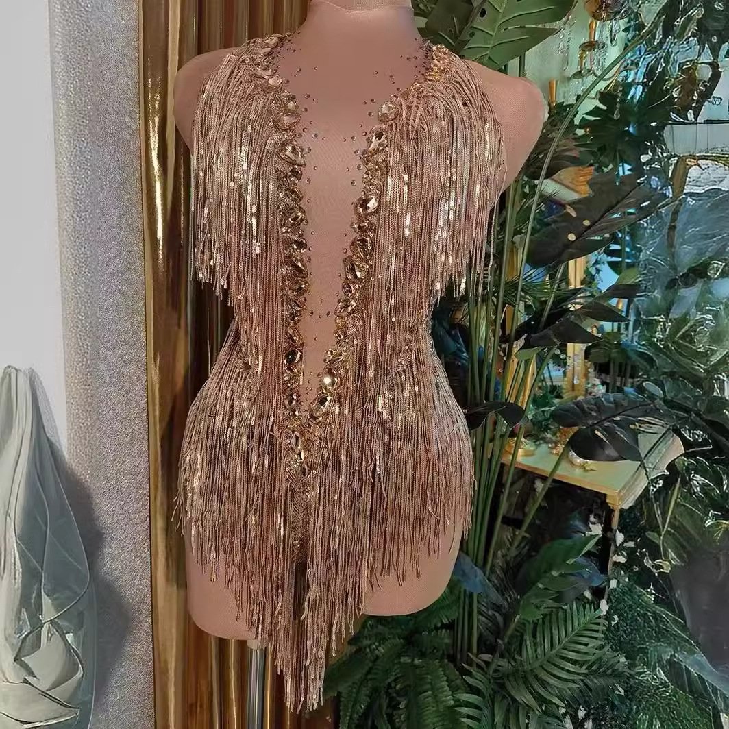 INS Hot Fashion Women's Dance sexy shiny rhinestone elastic sequin tassel jumpsuit stage performance costume for women