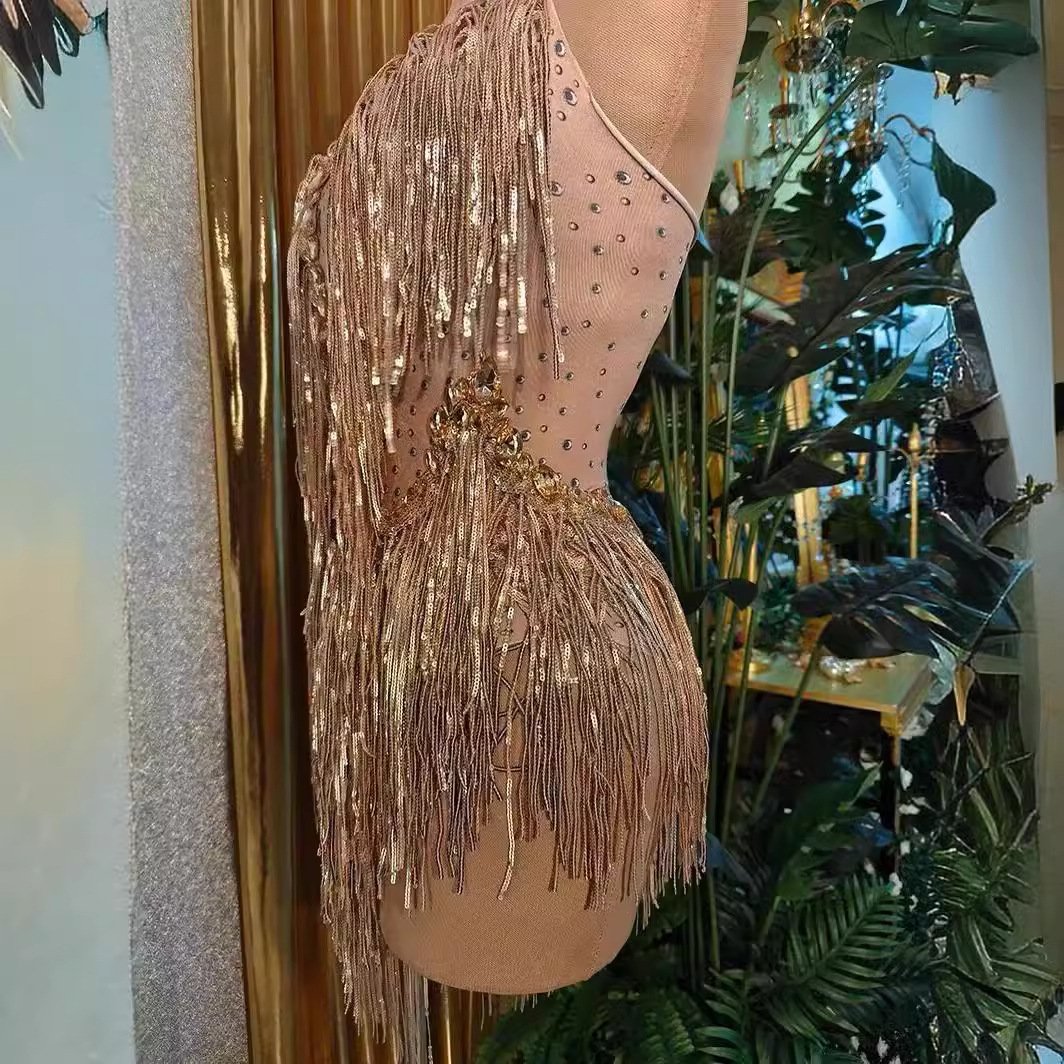 INS Hot Fashion Women's Dance sexy shiny rhinestone elastic sequin tassel jumpsuit stage performance costume for women