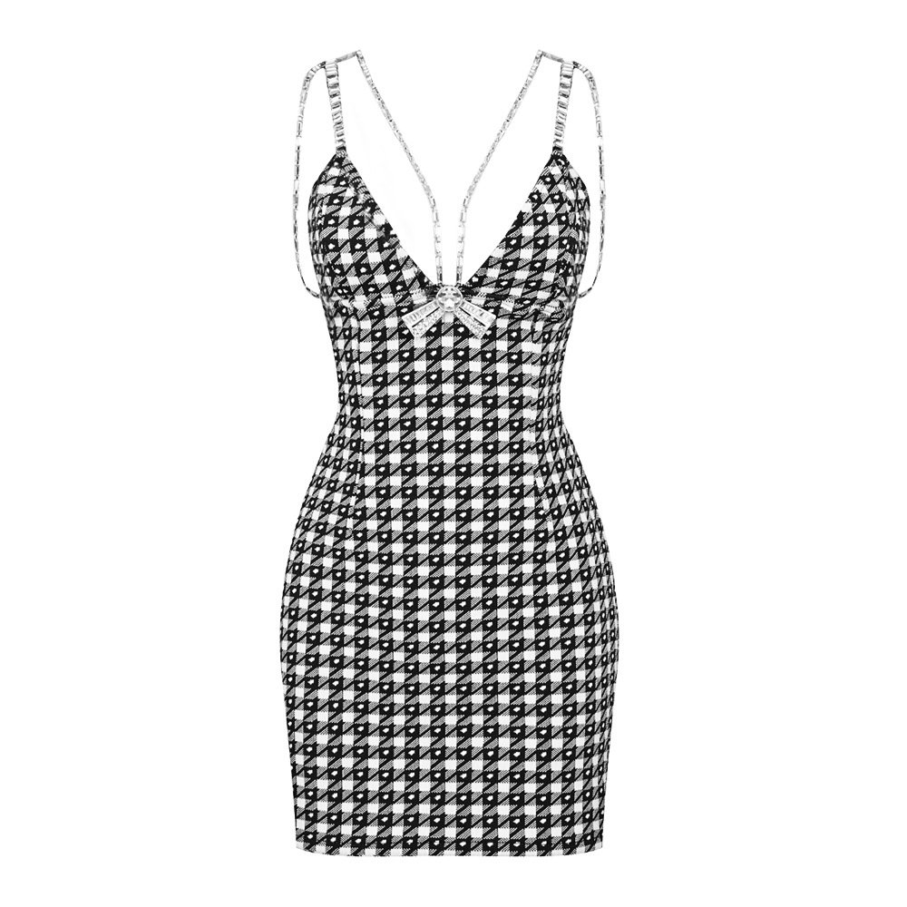Summer Rhinestone Chain Strap Plaid Formal Dresses Women Lady Elegant Party Mini Tight Dress