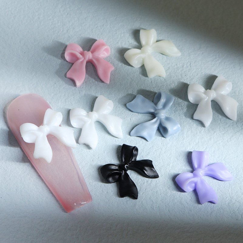 50 Pcs Kawaii Bow Nail Charms Korean Manicure Design Decorations White Beige Pink Resin Rhinestone Nail Art Supplies Parts