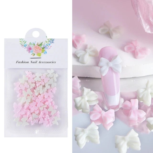 50 Pcs Kawaii Bow Nail Charms Korean Manicure Design Decorations White Beige Pink Resin Rhinestone Nail Art Supplies Parts