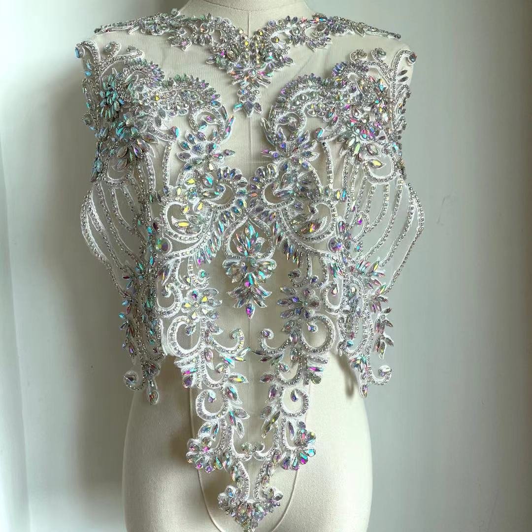 Hamd sewing Rhinestone Fabric Crystal Beaded Bodice Rhinestone Panel bodice applique