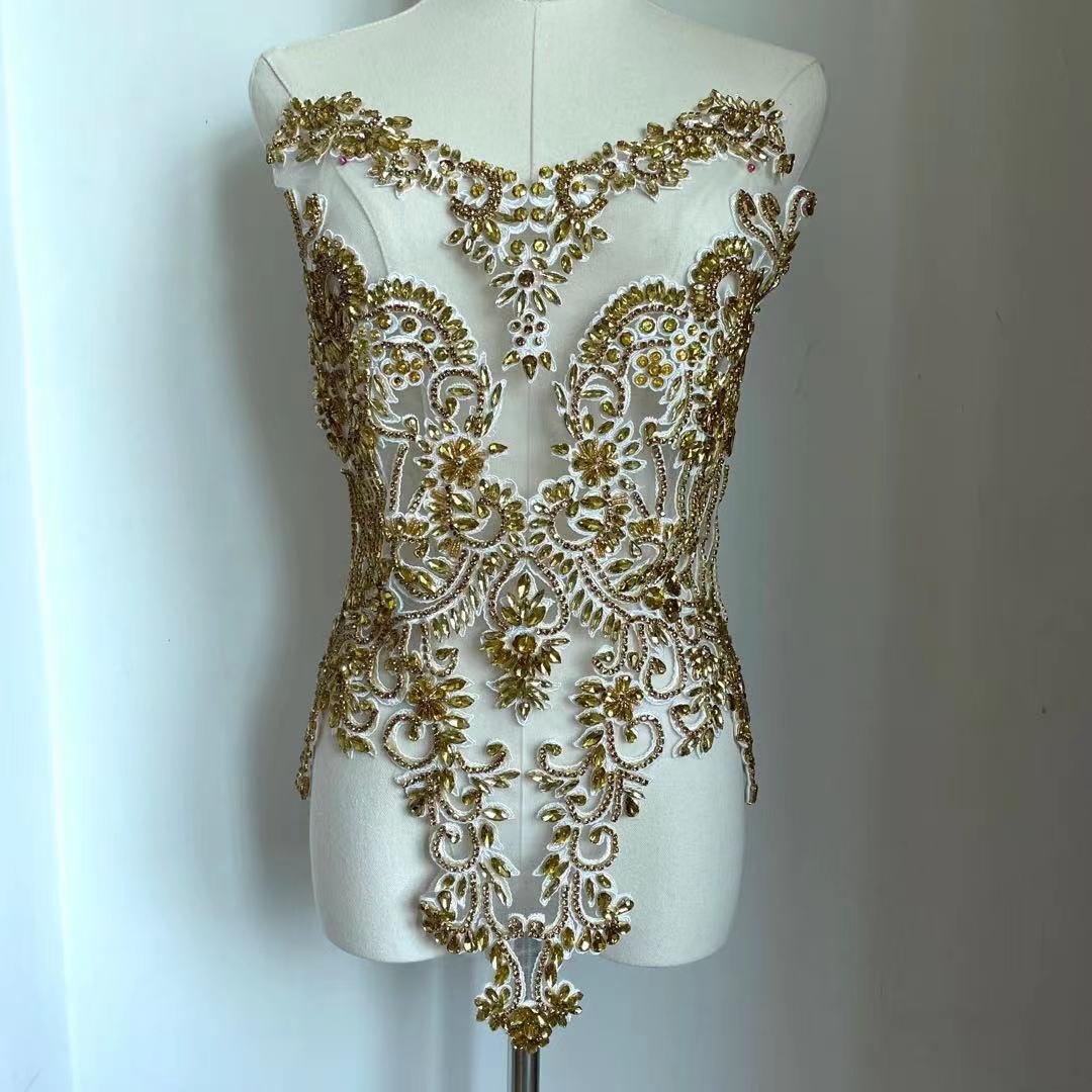Hamd sewing Rhinestone Fabric Crystal Beaded Bodice Rhinestone Panel bodice applique