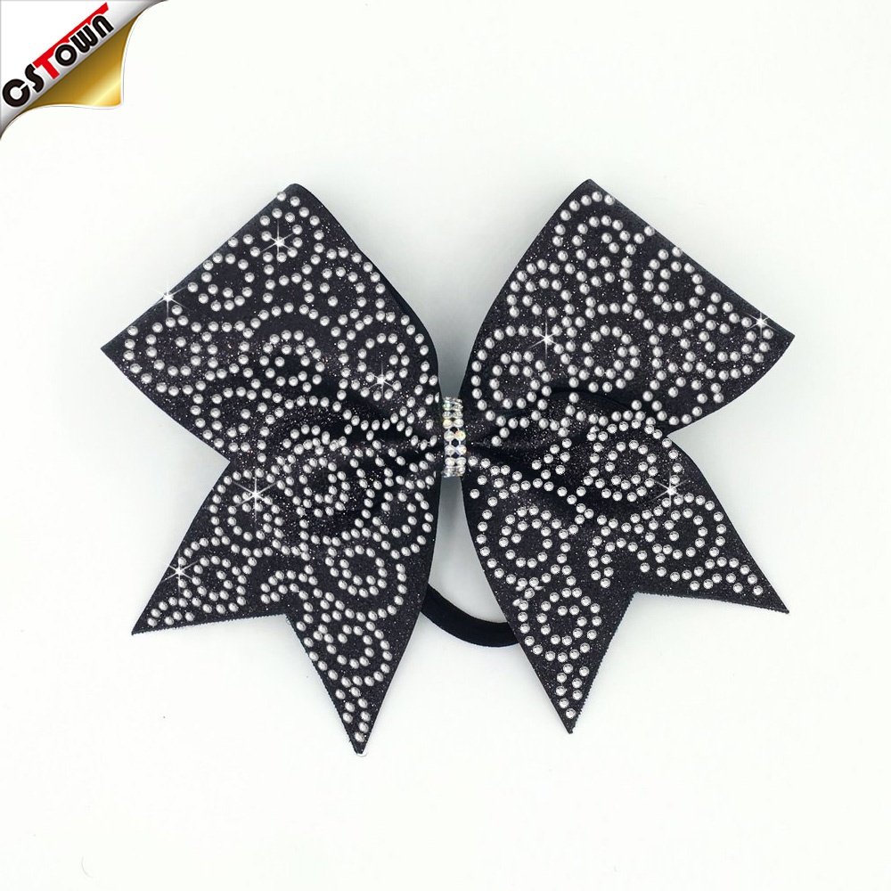 Wholesale Heat Transfer Custom Designs Ribbon Strip Cheer Bow Rhinestone Iron On