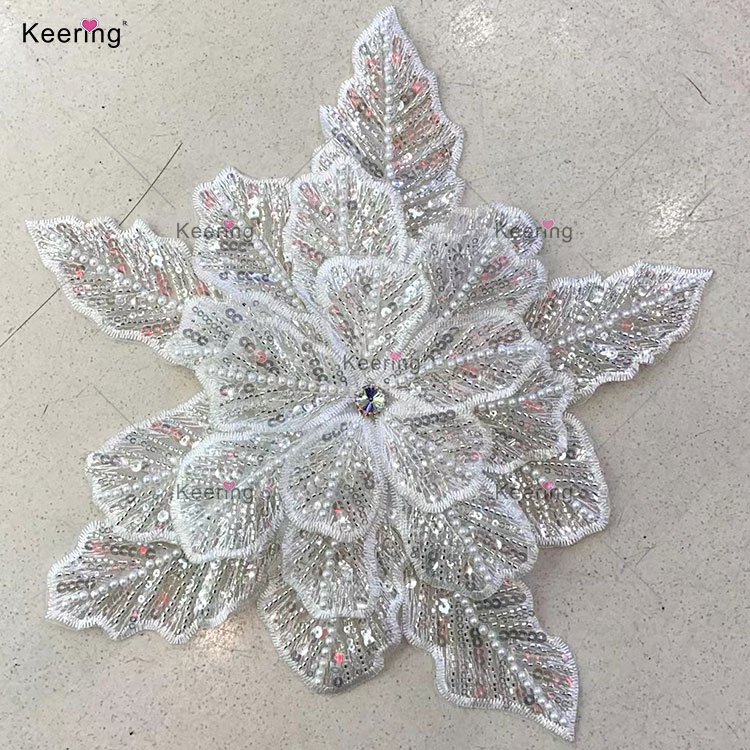 WPH-1900 Handmade Sew On Crystal Rhinestones Pearl Beaded Sequin 3D Flower Patches For Garment Wedding Dress