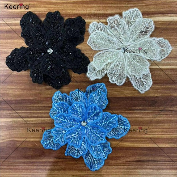 WPH-1900 Handmade Sew On Crystal Rhinestones Pearl Beaded Sequin 3D Flower Patches For Garment Wedding Dress