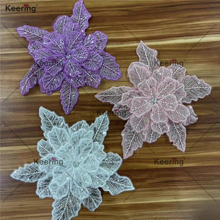 WPH-1900 Handmade Sew On Crystal Rhinestones Pearl Beaded Sequin 3D Flower Patches For Garment Wedding Dress