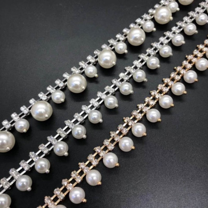 Pearl Rhinestone Trim for DIY Decoration Sewing Crafts Wedding Bridal Party Clothing Accessories Crystal Close Chain Applique