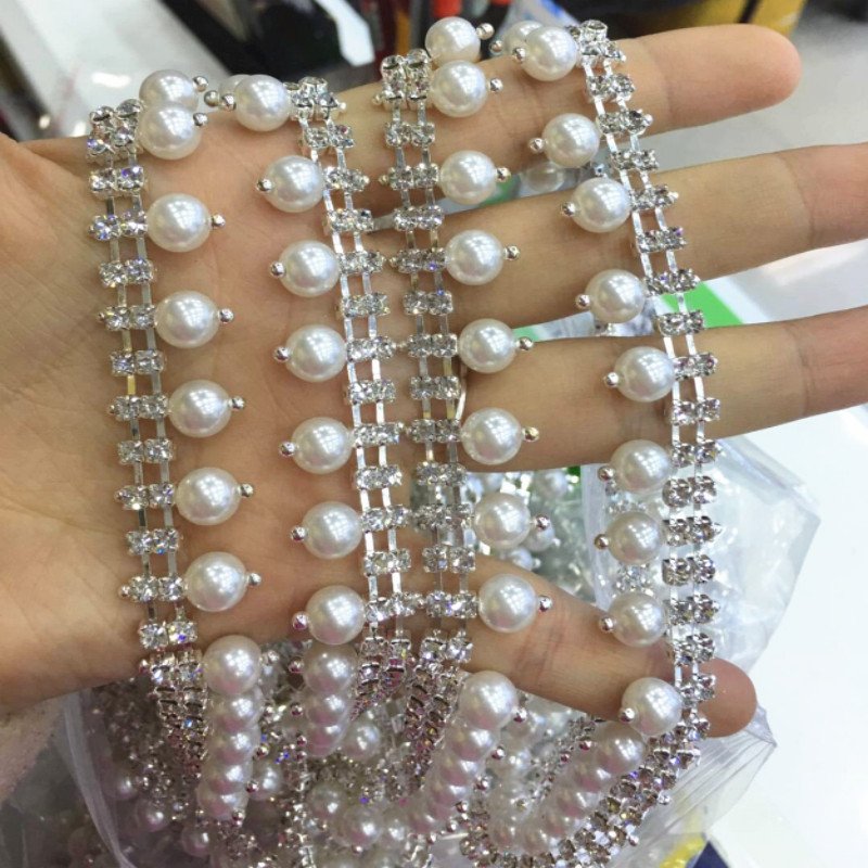 Pearl Rhinestone Trim for DIY Decoration Sewing Crafts Wedding Bridal Party Clothing Accessories Crystal Close Chain Applique