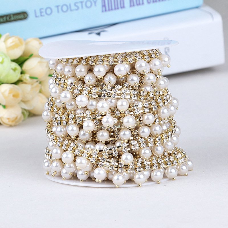 Pearl Rhinestone Trim for DIY Decoration Sewing Crafts Wedding Bridal Party Clothing Accessories Crystal Close Chain Applique