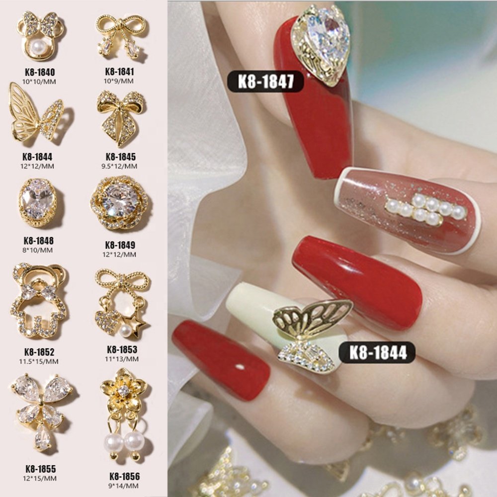 1Pc 3D DIY Bowknot Series Zircon Jewelry Pearl Butterfly Metal Pendant ChainLuxury Diamond Nail Accessories Nail Rhinestones