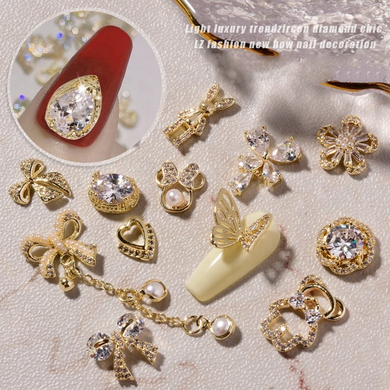 1Pc 3D DIY Bowknot Series Zircon Jewelry Pearl Butterfly Metal Pendant ChainLuxury Diamond Nail Accessories Nail Rhinestones
