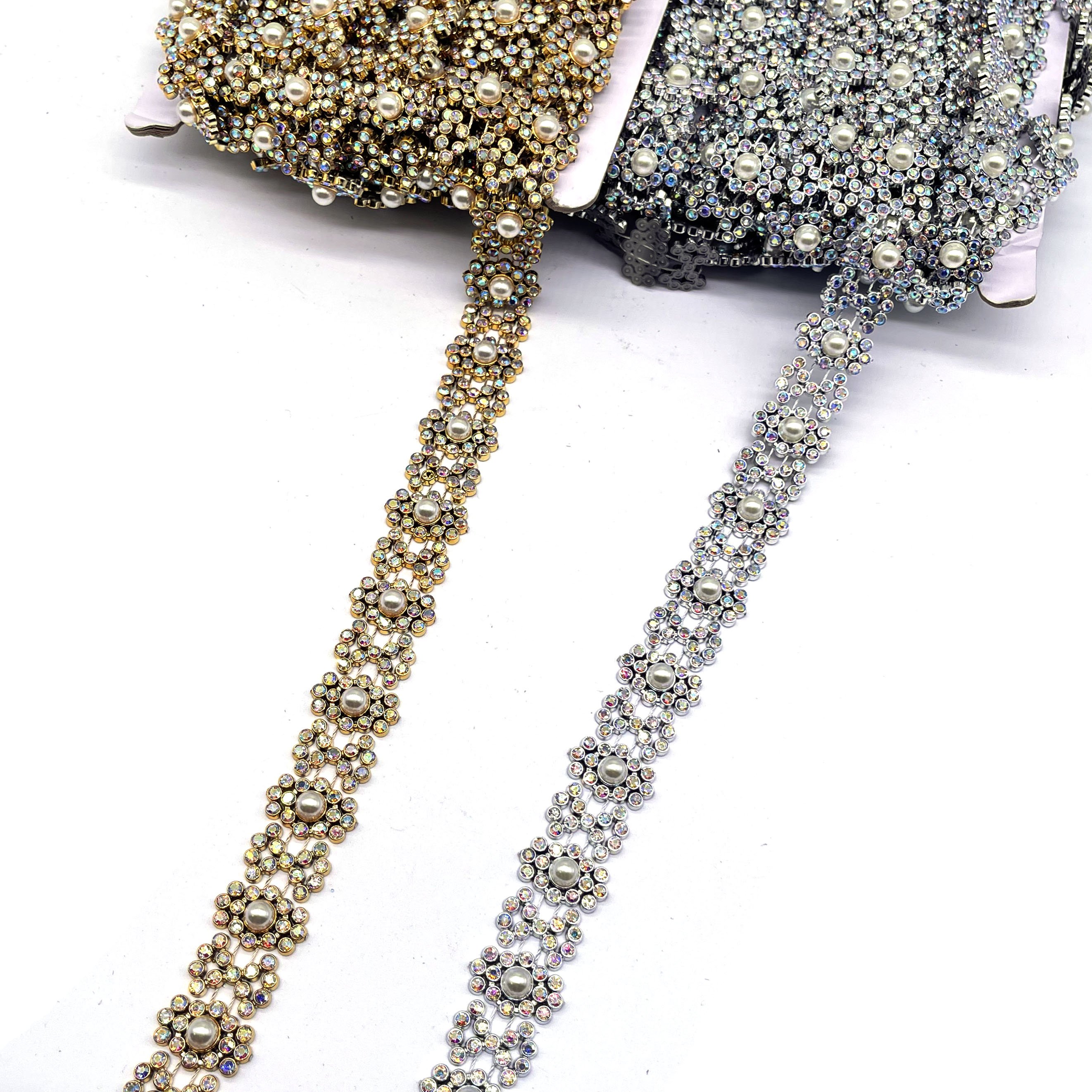 Factory Supply Acrylic AB Color Gold Silver Plastic Rhinestone applique Trimming Sew-On Rhinestone Trim for Shoes Garments Bags