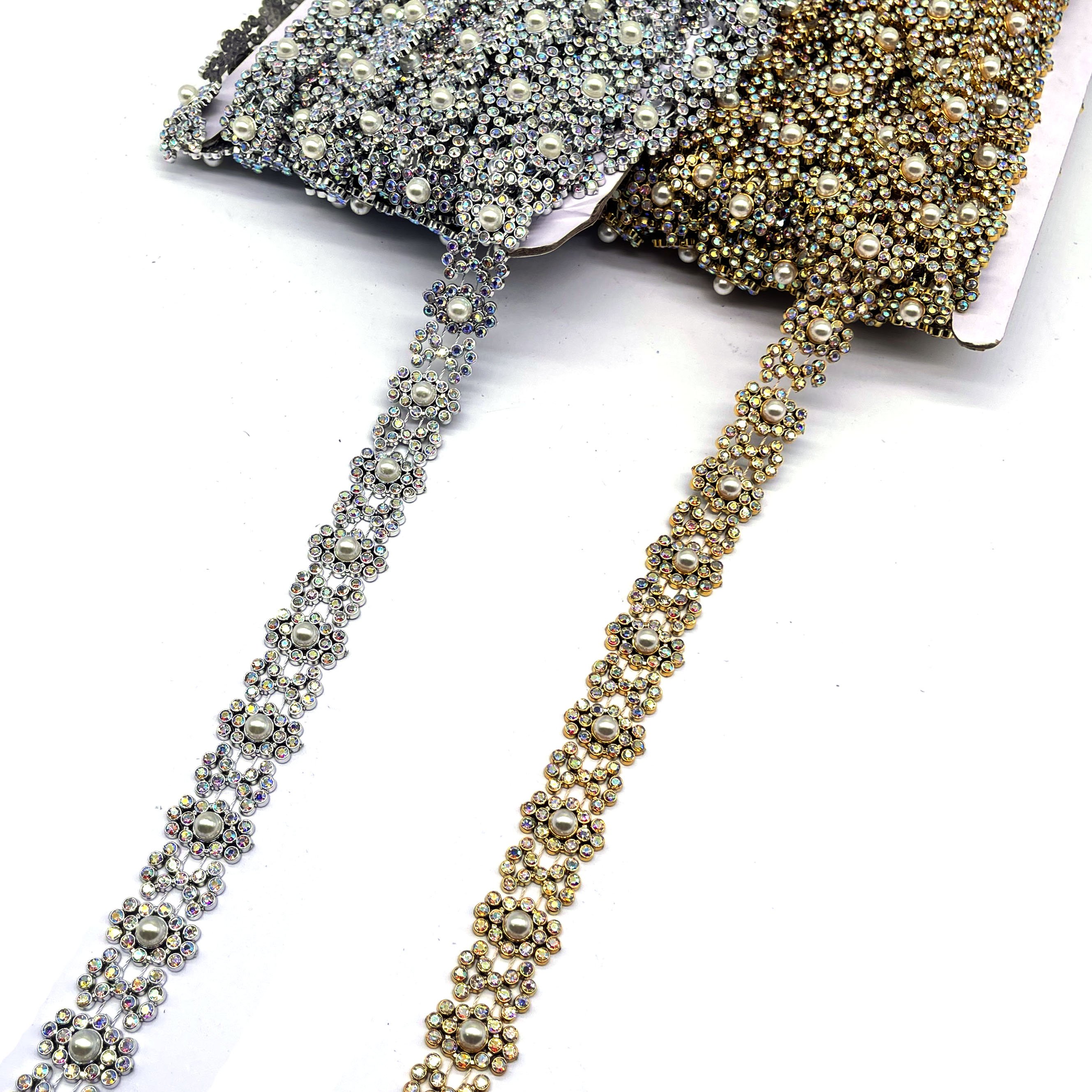 Factory Supply Acrylic AB Color Gold Silver Plastic Rhinestone applique Trimming Sew-On Rhinestone Trim for Shoes Garments Bags