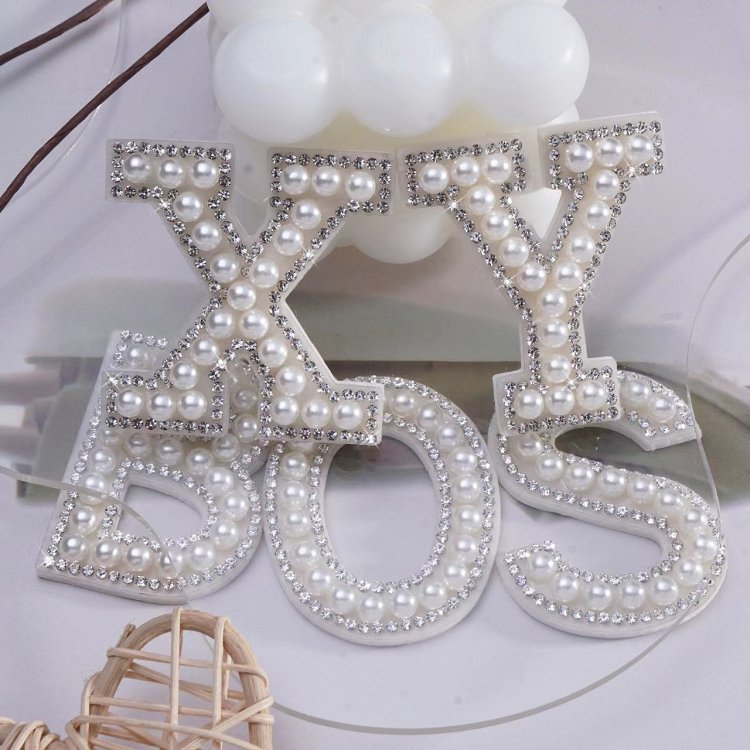 Wholesale embroidery custom alphabet pearl letter patch self adhesive white pearl silver rhinestone sparkle letter patches